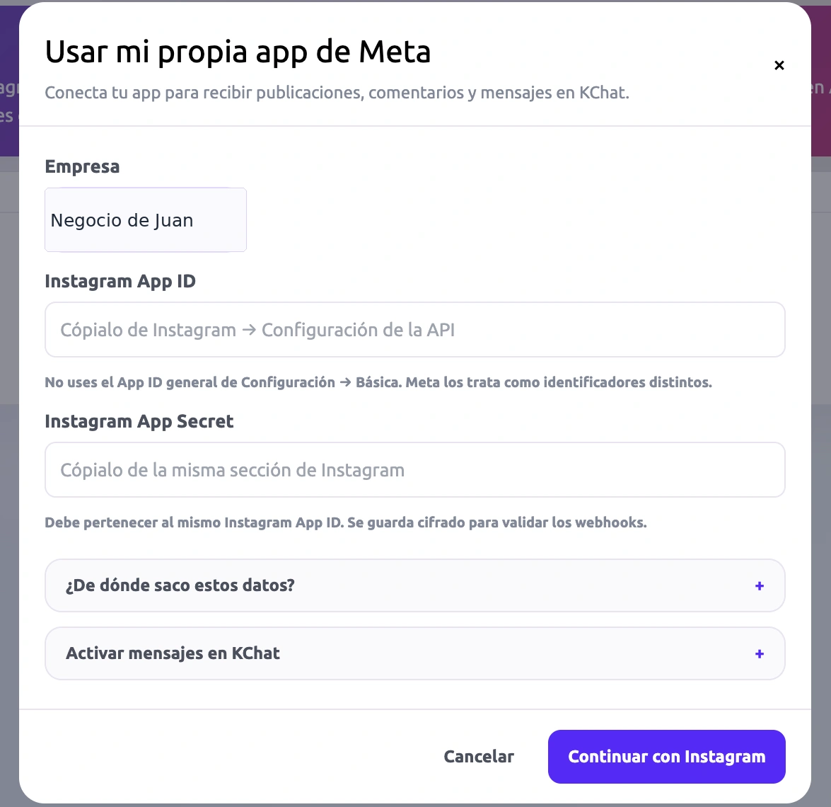 Formulario Usar mi propia app de Meta en Kisscale con campos Instagram App ID y App Secret