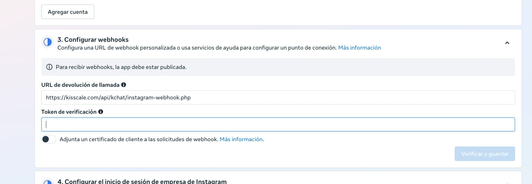 Formulario de Meta para configurar la URL de devolución de llamada y el token de verificación del webhook