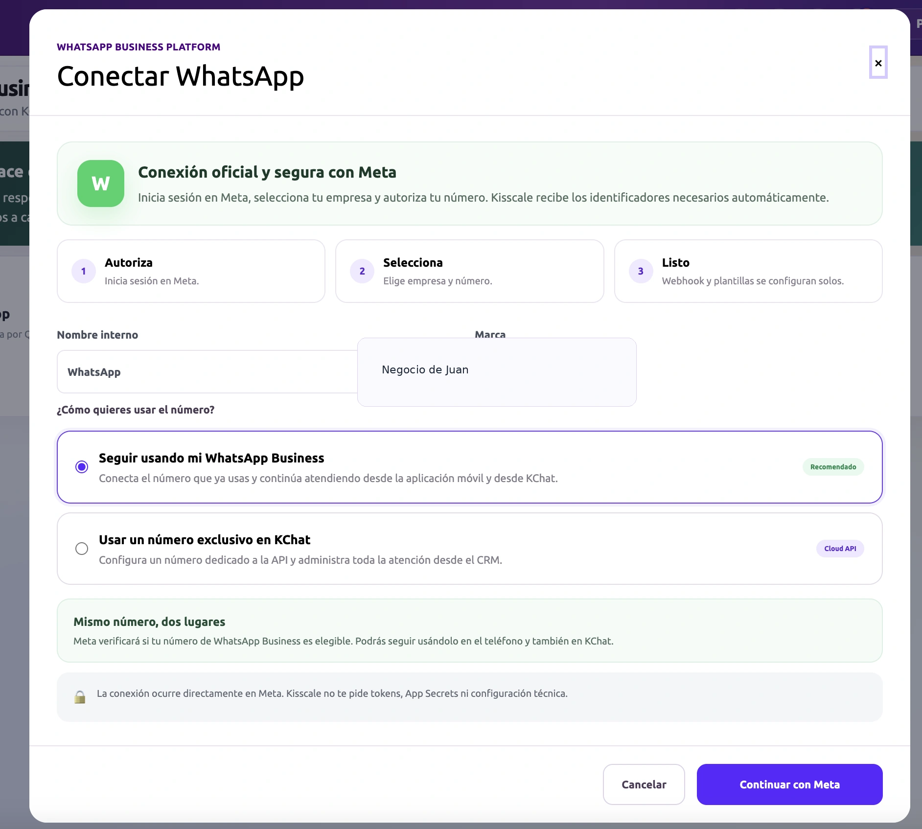 Formulario Conectar WhatsApp de Kisscale con las opciones de conservar el número o usar uno exclusivo